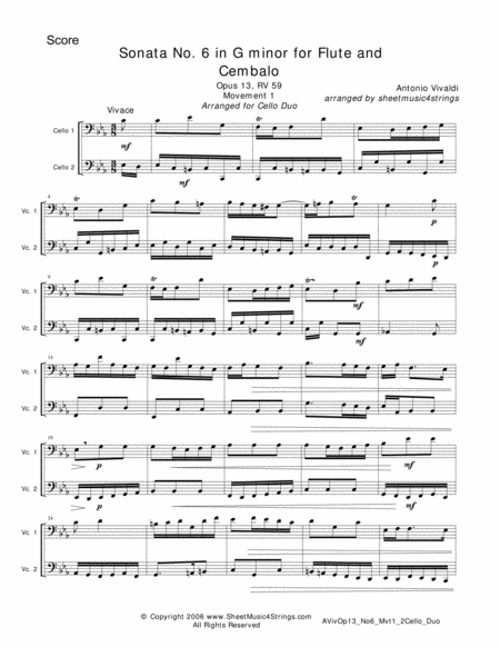 Vivaldi A Sonata No 6 Mvt 1 For Two Cellos Sheet Music