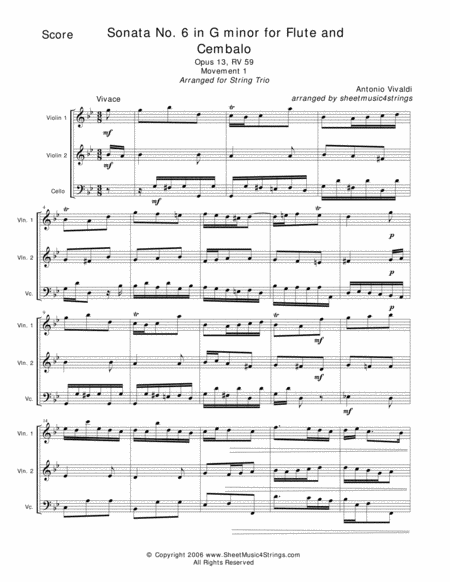 Vivaldi A Sonata No 6 Mvt 1 For Two Violins And Cello Sheet Music