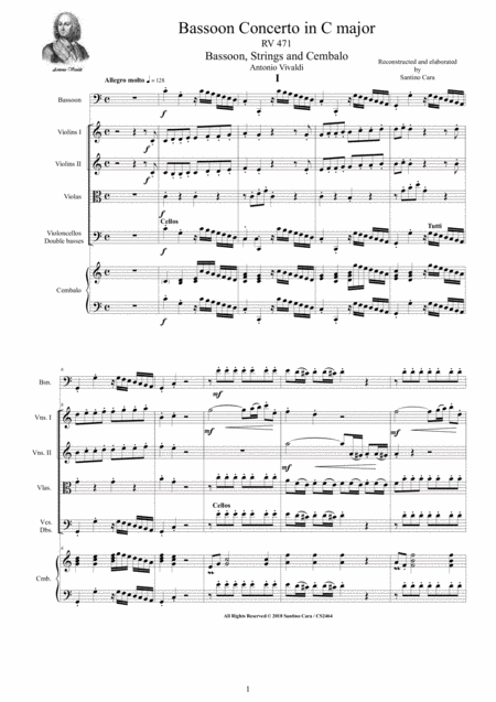 Vivaldi Bassoon Concerto In C Major Rv471 For Bassoon Strings And Cembalo Sheet Music