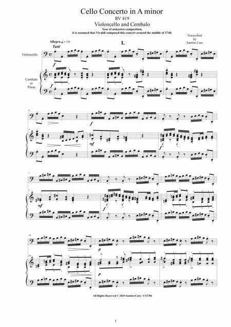 Vivaldi Cello Concerto In A Minor Rv419 For Cello And Cembalo Or Piano Sheet Music