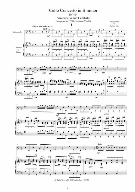 Vivaldi Cello Concerto In B Minor Rv 424 For Cello And Cembalo Or Piano Sheet Music