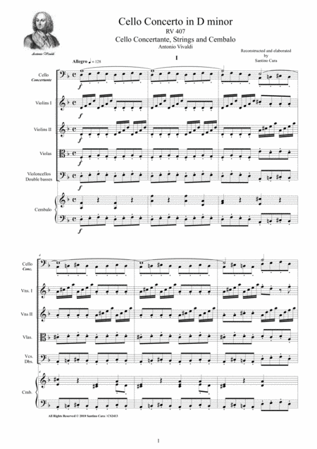 Free Sheet Music Vivaldi Cello Concerto In D Minor Rv 407 For Cello Solo Strings And Harpsichord