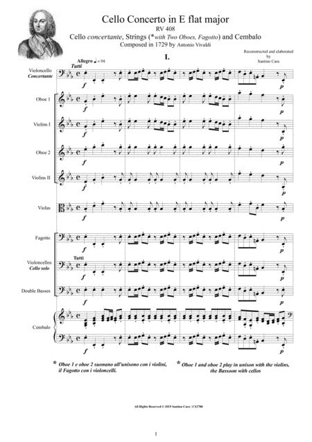 Free Sheet Music Vivaldi Cello Concerto In E Flat Rv 408 For Cello Strings With Winds And Cembalo