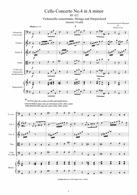 Free Sheet Music Vivaldi Cello Concerto No 4 In A Minor Rv 422 For Cello Solo Strings And Harpsichord