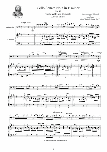 Free Sheet Music Vivaldi Cello Sonata No 5 In E Minor Op 14 Rv 40 For Cello And Cembalo Or Piano