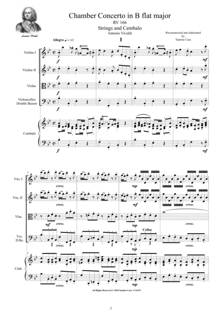 Vivaldi Chamber Concerto In B Flat Major Rv 166 For Strings And Cembalo Sheet Music