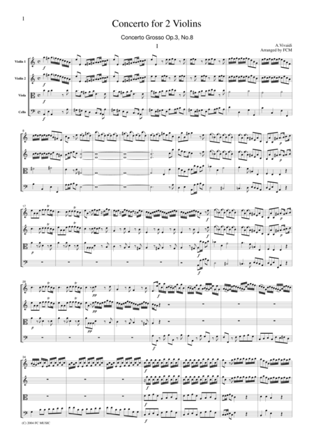 Free Sheet Music Vivaldi Concerto For 2 Violins In A Moll Op3 No 8 All Mvts For String Quartet Cv105