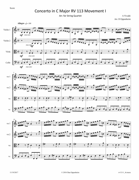 Free Sheet Music Vivaldi Concerto For Strings In C Major Rv 113 Movement I Arranged For String Quartet
