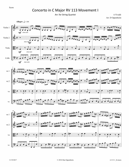 Vivaldi Concerto For Strings In C Major Rv 113 Movement I Arranged For String Quartet Sheet Music