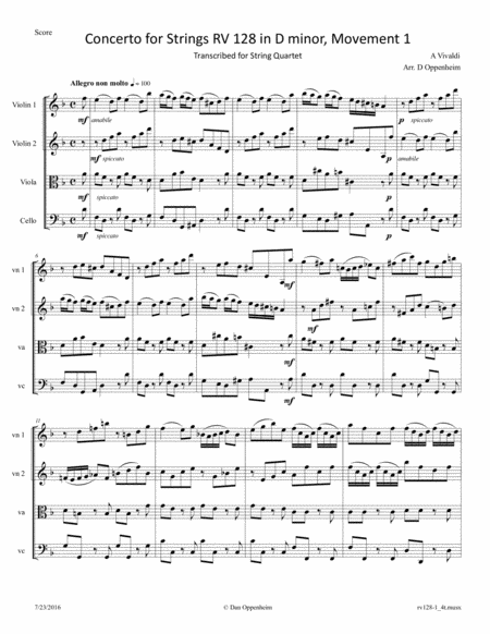 Vivaldi Concerto For Strings In D Minor Rv 128 Movement 1 Arranged For String Quartet Sheet Music