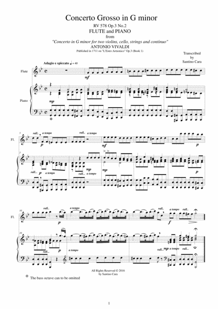 Vivaldi Concerto Grosso In G Minor Rv 578 Op 3 No 2 Flute And Piano Sheet Music