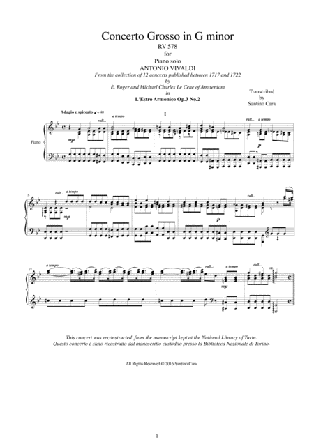 Free Sheet Music Vivaldi Concerto Grosso In G Minor Rv 578 Op 3 No 2 Piano Solo