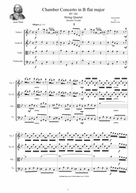 Vivaldi Concerto In B Flat Major Rv 166 For String Quartet Sheet Music