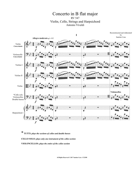 Vivaldi Concerto In B Flat Rv 547 For Violin Cello Strings And Harpsichord Sheet Music