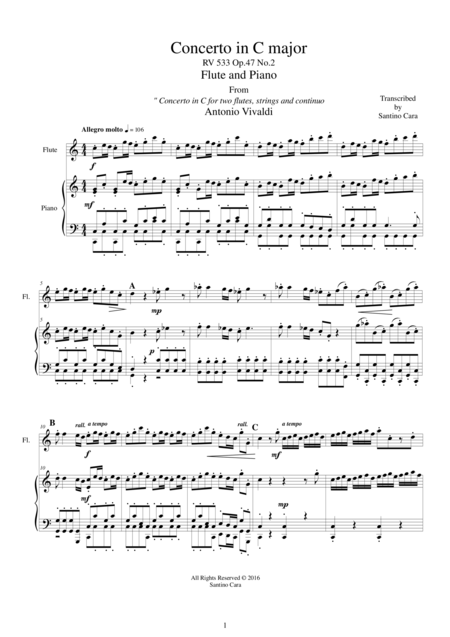 Free Sheet Music Vivaldi Concerto In C For Flute And Piano Rv 533