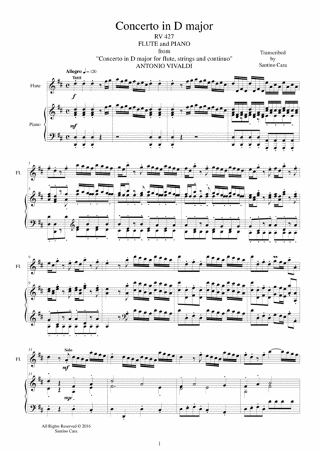 Vivaldi Concerto In D Major Rv 427 For Flute And Piano Sheet Music