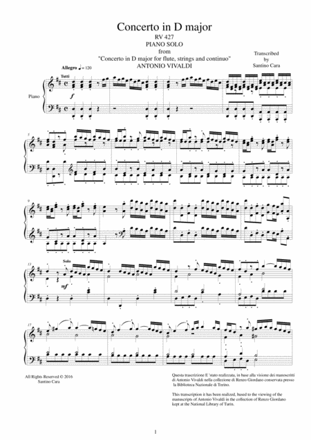 Vivaldi Concerto In D Major Rv 427 For Piano Solo Sheet Music