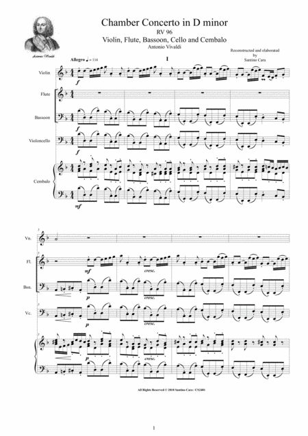 Free Sheet Music Vivaldi Concerto In D Minor Rv 96 For Violin Flute Bassoon Cello And Cembalo