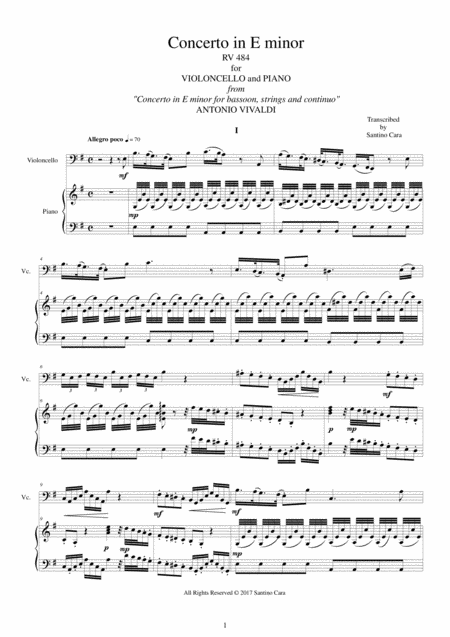 Free Sheet Music Vivaldi Concerto In E Minor Rv 484 For Cello And Piano