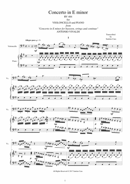 Vivaldi Concerto In E Minor Rv 484 For Cello And Piano Sheet Music