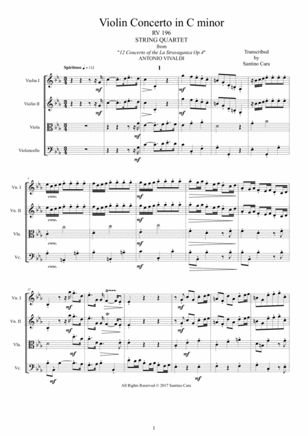 Free Sheet Music Vivaldi Concerto No 10 In C Minor Op 4 Rv196 For String Quartet