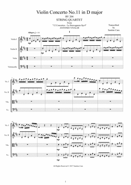 Free Sheet Music Vivaldi Concerto No 11 In D Major Op 4 Rv 204 For String Quartet