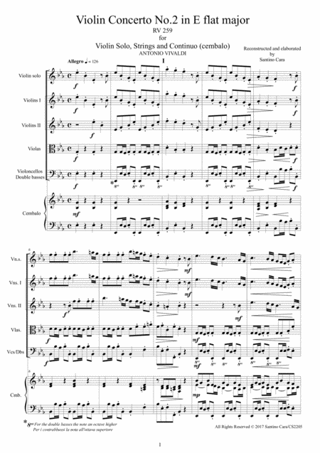 Vivaldi Concerto No 2 In E Flat Rv 259 Op 6 For Violin Strings And Continuo Sheet Music