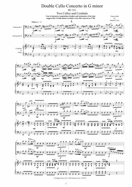 Vivaldi Double Cello Concerto In G Minor Rv531 For Two Cellos And Cembalo Or Piano Sheet Music