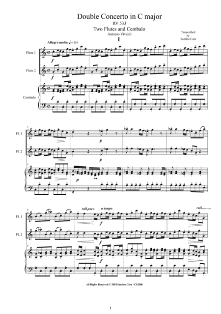 Vivaldi Double Concerto In C Major Rv 533 For Two Flutes And Cembalo Or Piano Sheet Music