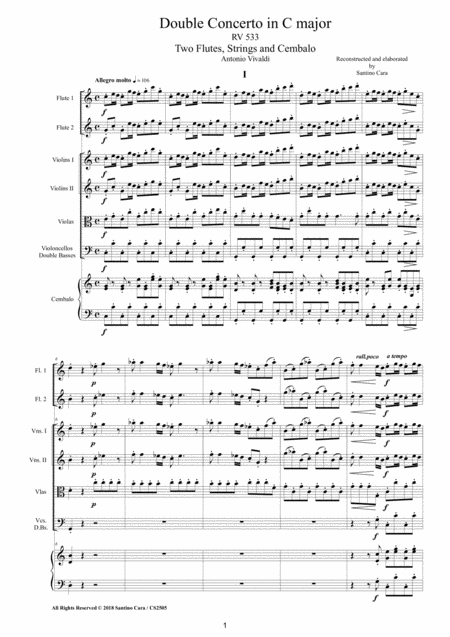 Vivaldi Double Concerto In C Major Rv 533 For Two Flutes Strings And Cembalo Sheet Music