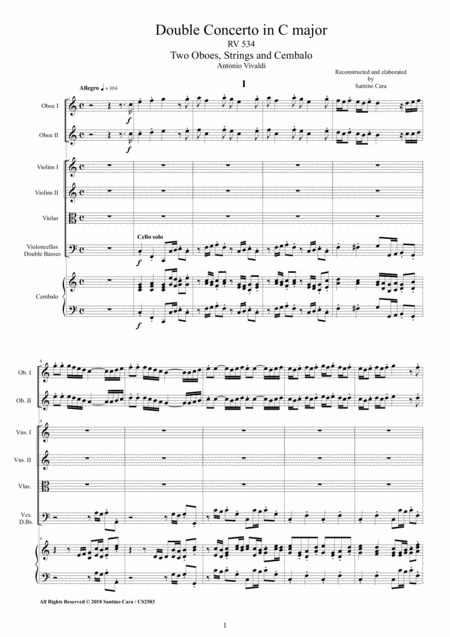 Free Sheet Music Vivaldi Double Concerto In C Major Rv 534 For Two Oboes Strings And Cembalo