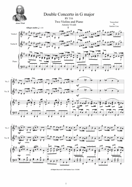 Free Sheet Music Vivaldi Double Concerto In G Major Rv 516 For Two Violins And Piano