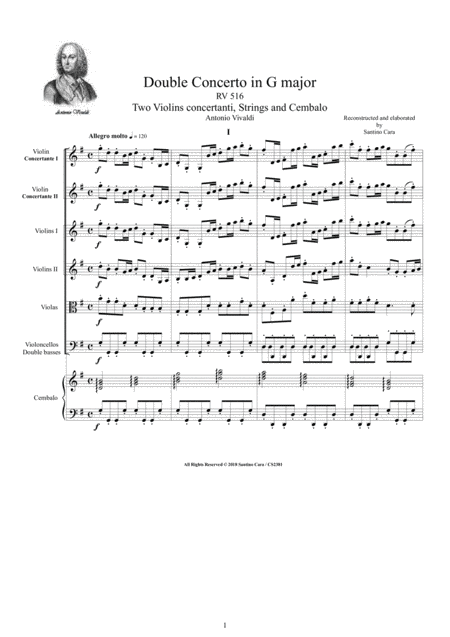 Free Sheet Music Vivaldi Double Concerto In G Major Rv 516 For Two Violins Strings And Cembalo