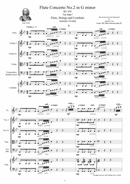 Free Sheet Music Vivaldi Flute Concerto No 2 In G Minor La Notte Op 10 Rv 439 For Flute Strings And Cembalo