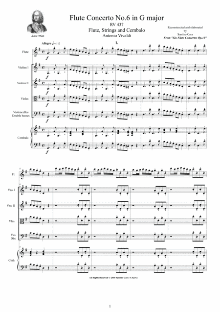 Vivaldi Flute Concerto No 6 In G Major Op 10 Rv 437 For Flute Strings And Cembalo Sheet Music