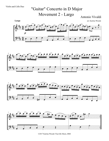 Free Sheet Music Vivaldi Guitar Concerto In D For Violin Cello Duo Mvt 2