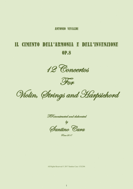 Vivaldi Il Cimento Dell Armonia E Dell Invenzione Op 8 12 Concertos For Violin Strings And Harpsichord Sheet Music