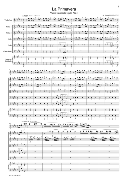 Vivaldi La Primavera Violin Concerto Op 8 No 1 For String Orchestra Sv001 Sheet Music