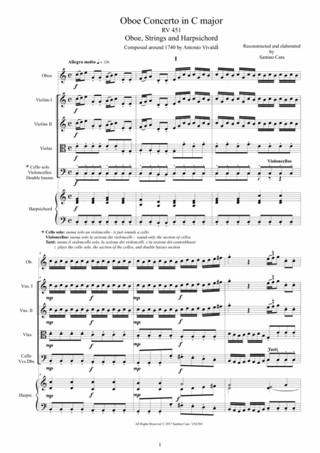 Vivaldi Oboe Concerto In C Major Rv 451 For Oboe Strings And Harpsichord Sheet Music