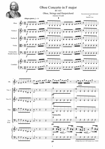 Vivaldi Oboe Concerto In F Major Rv 455 For Oboe Strings And Cembalo Sheet Music