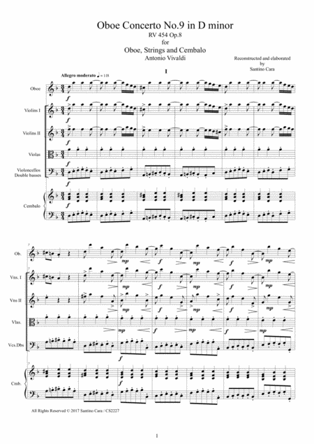 Vivaldi Oboe Concerto No 9 In D Minor Rv 454 Op 8 For Oboe Strings And Cembalo Sheet Music