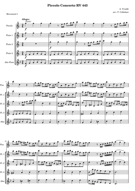 Vivaldi Piccolo Concerto Rv 443 First Movement Version For Flute Quintet Or Flute Choir Sheet Music