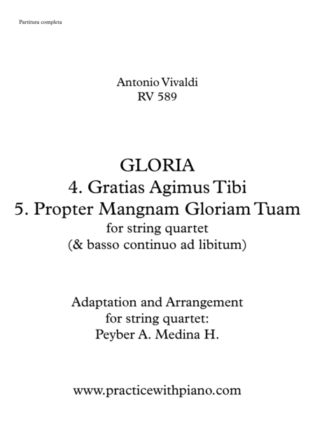 Vivaldi Rv 589 Gloria 4 Gratias Agimus Tibi 5 Propter Mangnam Gloriam Tuam For String Quartet Sheet Music