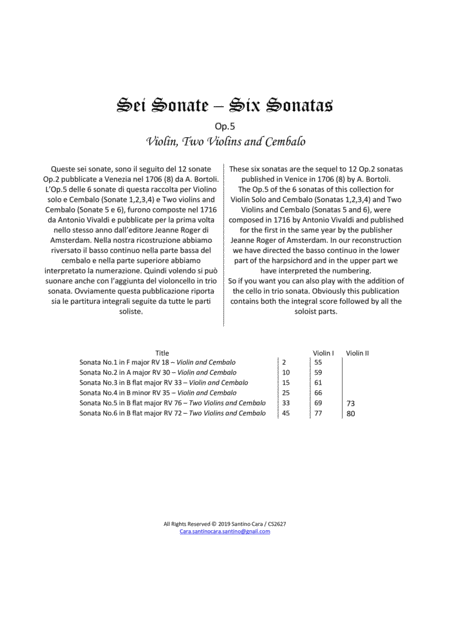 Vivaldi Six Violin Sonatas Op 5 For Violin Solo Two Violins And Cembalo Or Piano Sheet Music