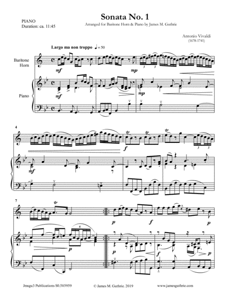 Vivaldi Sonata No 1 For Baritone Horn Piano Sheet Music