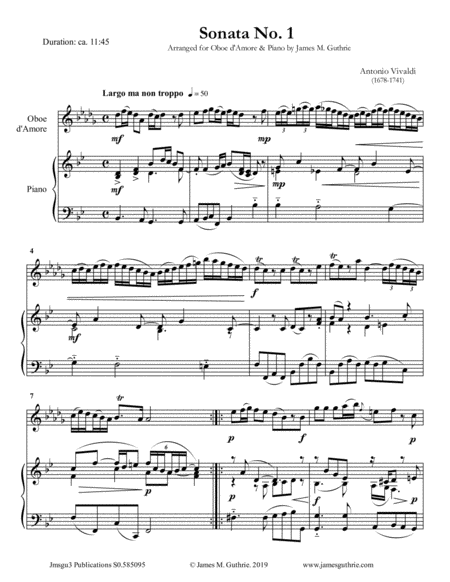 Vivaldi Sonata No 1 For Oboe D Amore Piano Sheet Music