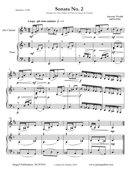 Free Sheet Music Vivaldi Sonata No 2 For Alto Clarinet Piano