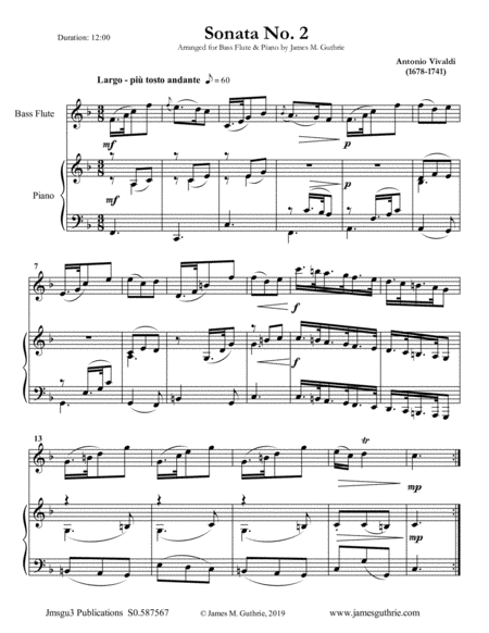 Vivaldi Sonata No 2 For Bass Flute Piano Sheet Music