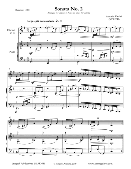 Vivaldi Sonata No 2 For Clarinet Piano Sheet Music