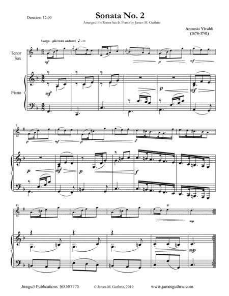 Vivaldi Sonata No 2 For Tenor Sax Piano Sheet Music